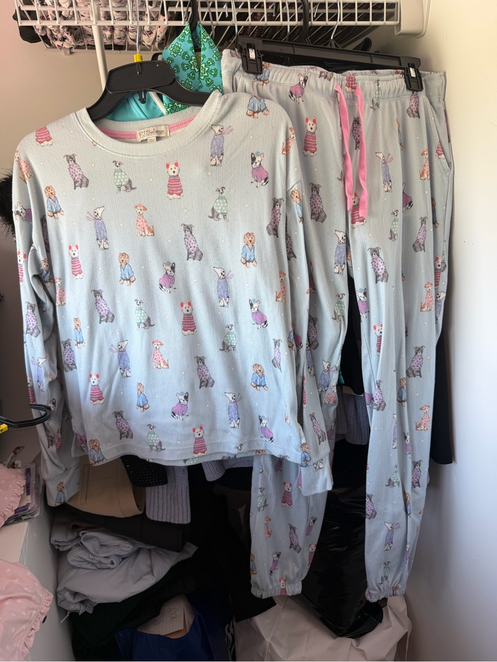 PJ Salvage Light Blue Dog Print Pajama Set with Pink Drawstring size small